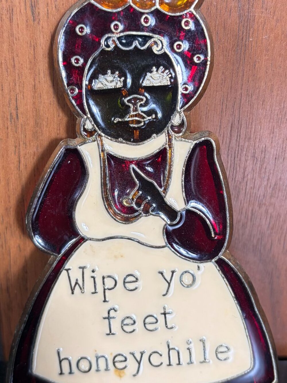Vtg Handcrafted Stained Glass 5" Sign Wipe Yo Feed Honeychile Folk Art